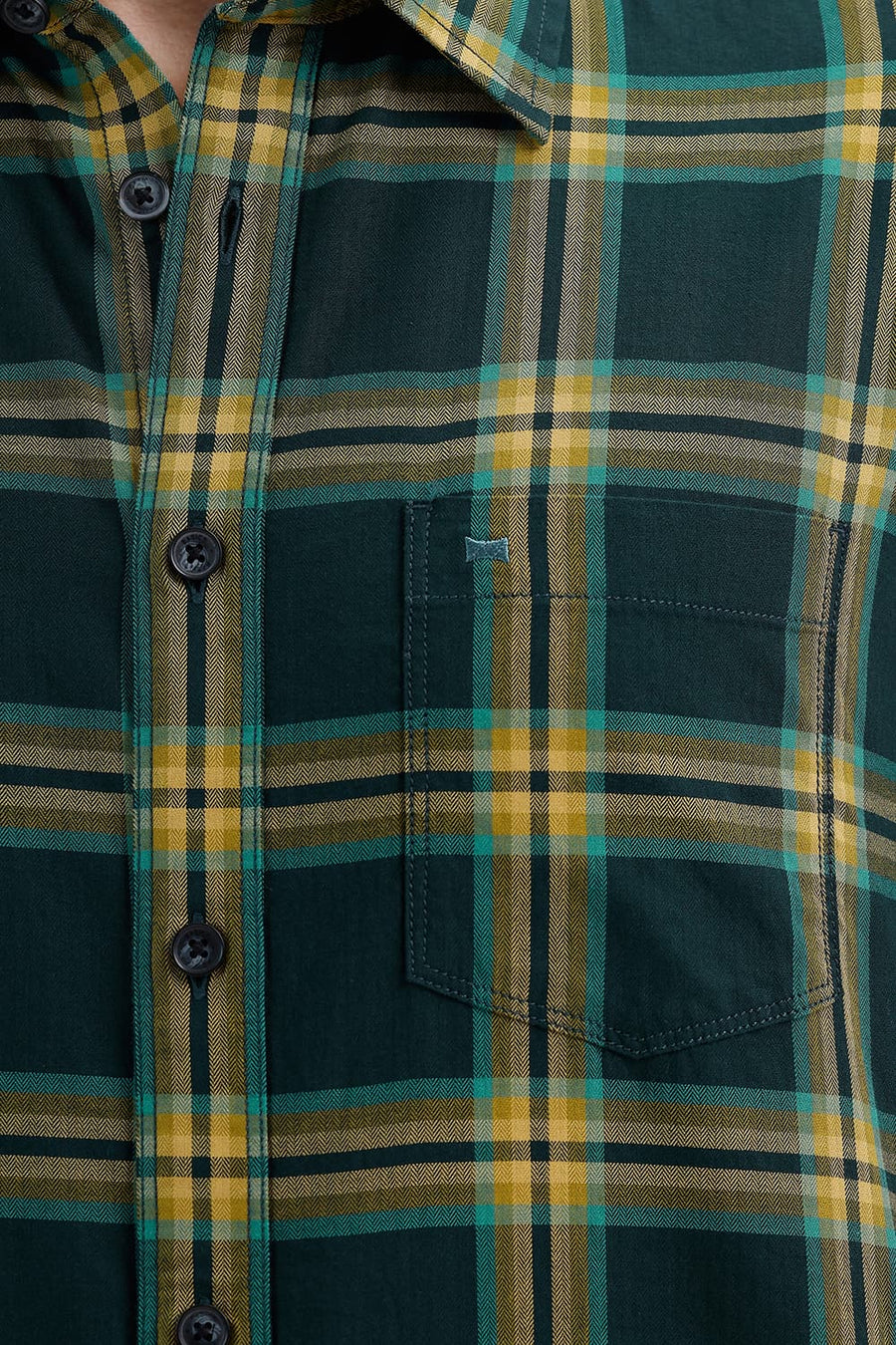BASICS SLIM FIT SPRUCE GREEN COTTON HERRING BONE CHECKS SHIRT