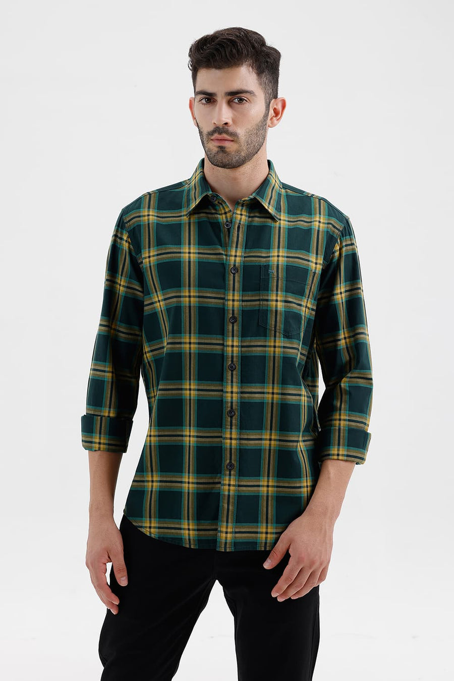 BASICS SLIM FIT SPRUCE GREEN COTTON HERRING BONE CHECKS SHIRT