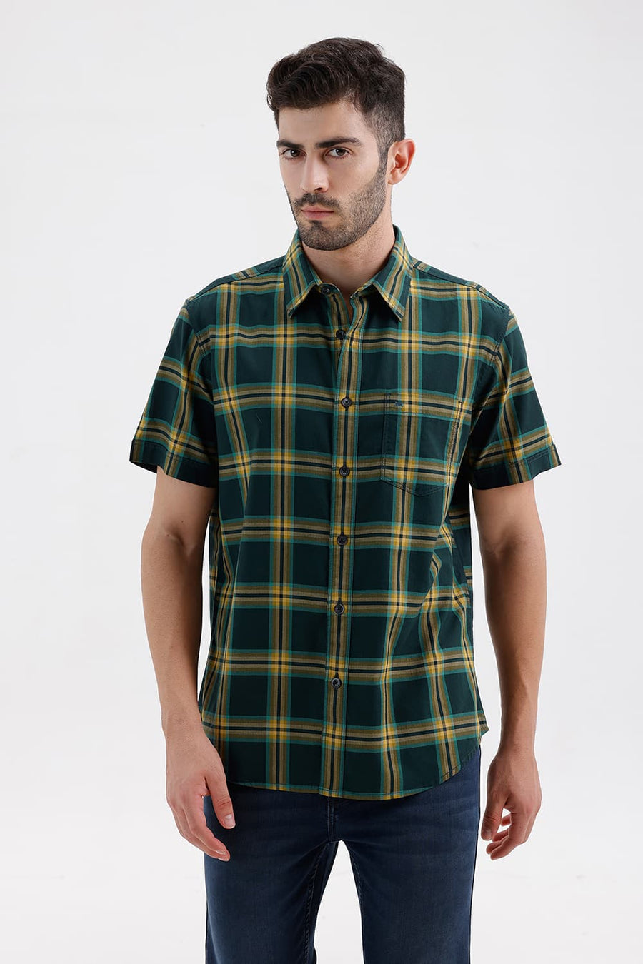 BASICS SLIM FIT SPRUCE GREEN COTTON HERRING BONE CHECKS HALFSLEEVES SHIRT