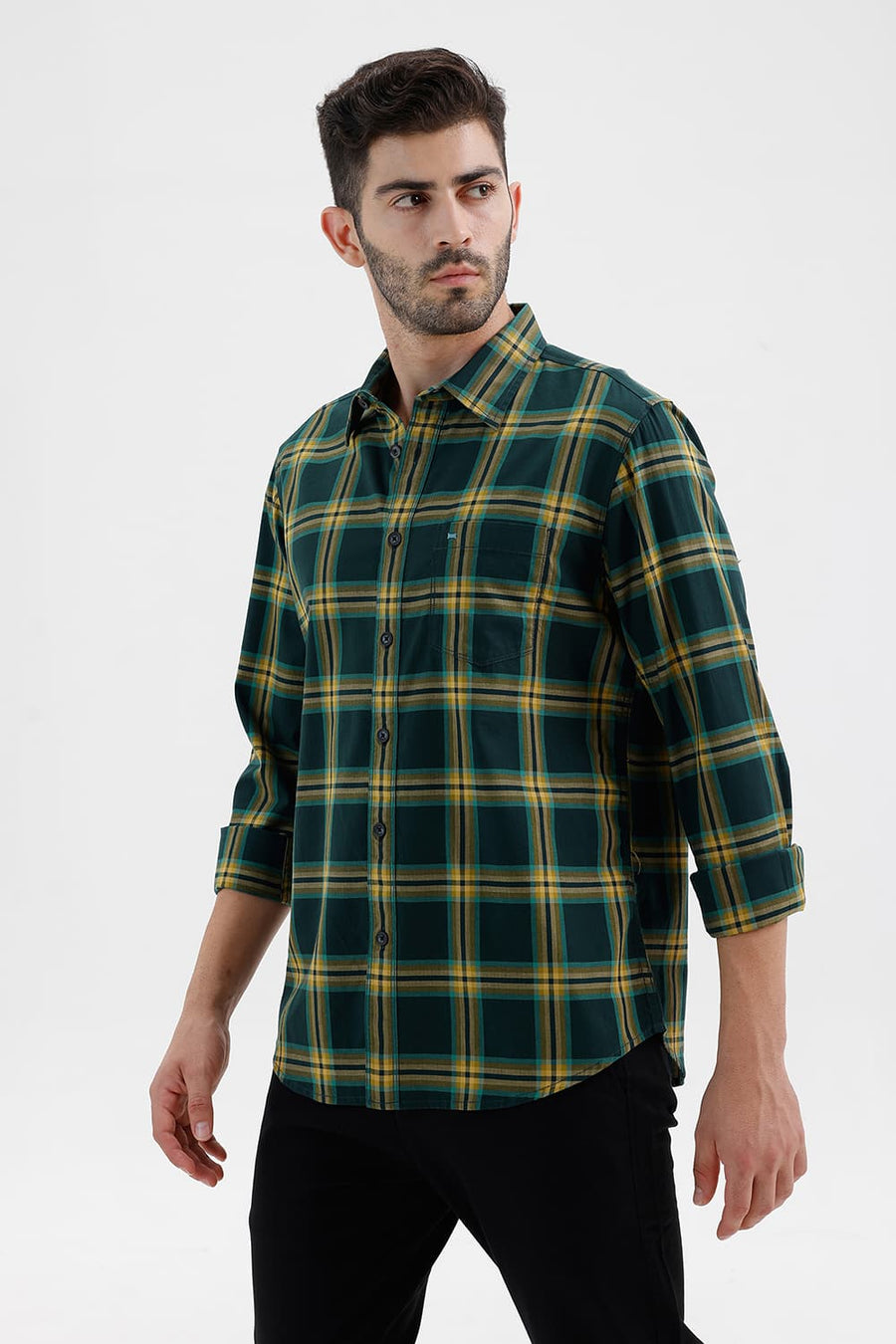 BASICS SLIM FIT SPRUCE GREEN COTTON HERRING BONE CHECKS SHIRT
