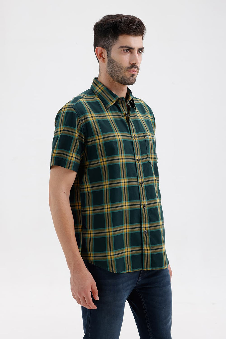 BASICS SLIM FIT SPRUCE GREEN COTTON HERRING BONE CHECKS HALFSLEEVES SHIRT