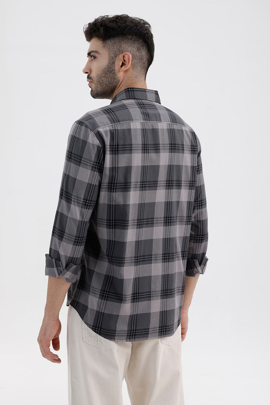BASICS SLIM FIT STONE GREY COTTON TWILL CHECKS SHIRT
