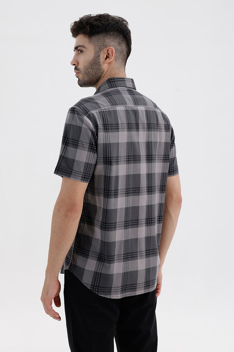 BASICS SLIM FIT STONE GREY COTTON TWILL CHECKS HALFSLEEVES SHIRT