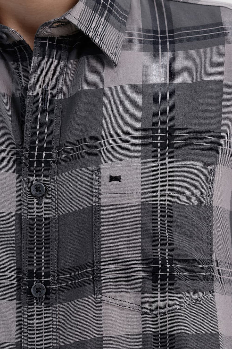 BASICS SLIM FIT STONE GREY COTTON TWILL CHECKS SHIRT