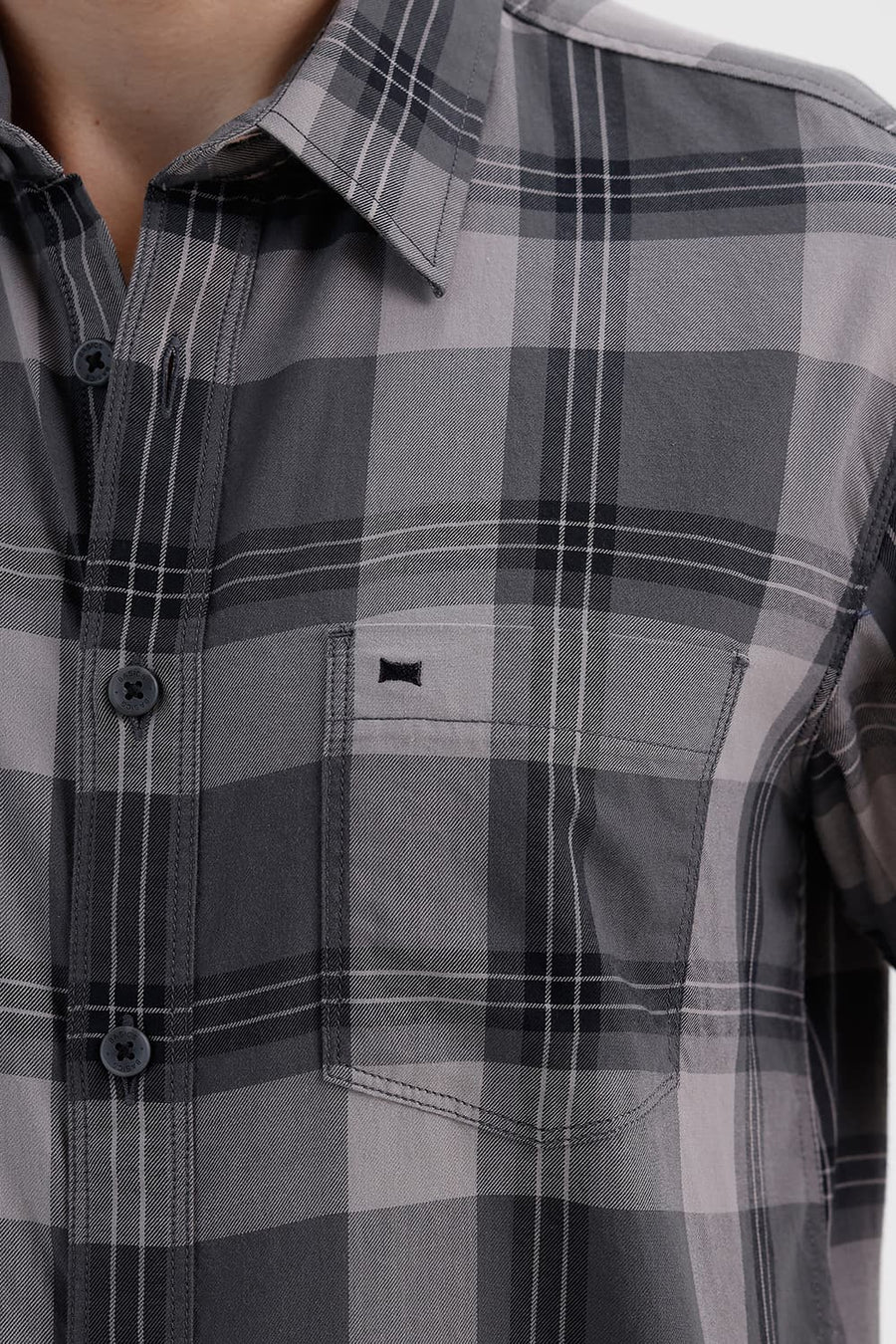 BASICS SLIM FIT STONE GREY COTTON TWILL CHECKS HALFSLEEVES SHIRT
