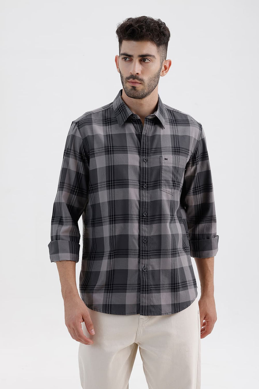 BASICS SLIM FIT STONE GREY COTTON TWILL CHECKS SHIRT