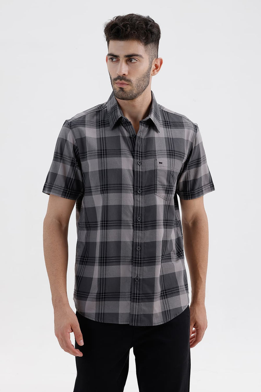 BASICS SLIM FIT STONE GREY COTTON TWILL CHECKS HALFSLEEVES SHIRT