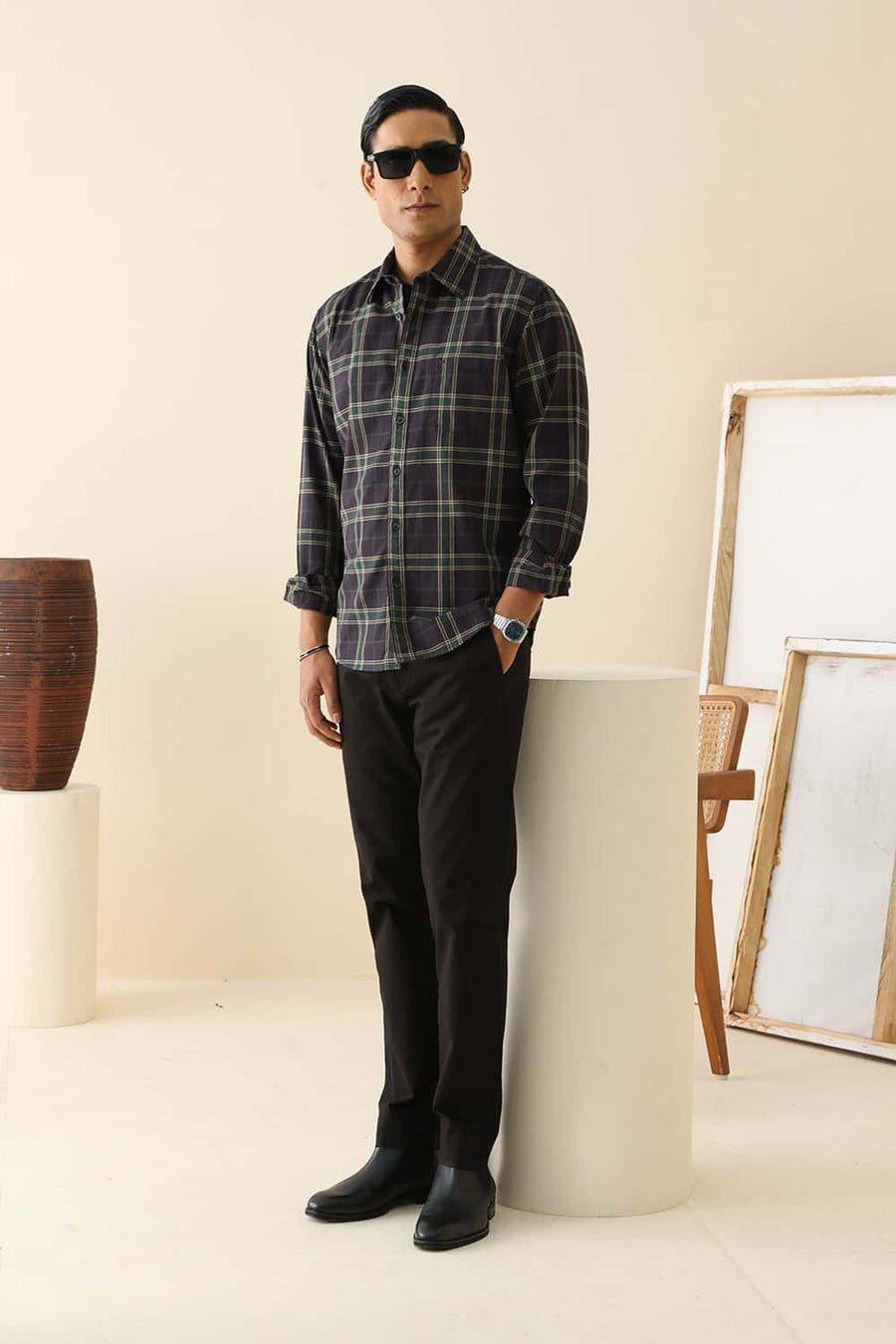 Basics Slim Fit Stone Grey Cotton Twill Checks Shirt