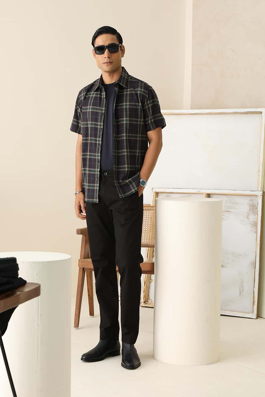 Basics Slim Fit Stone Grey Cotton Twill Checks Halfsleeves Shirt