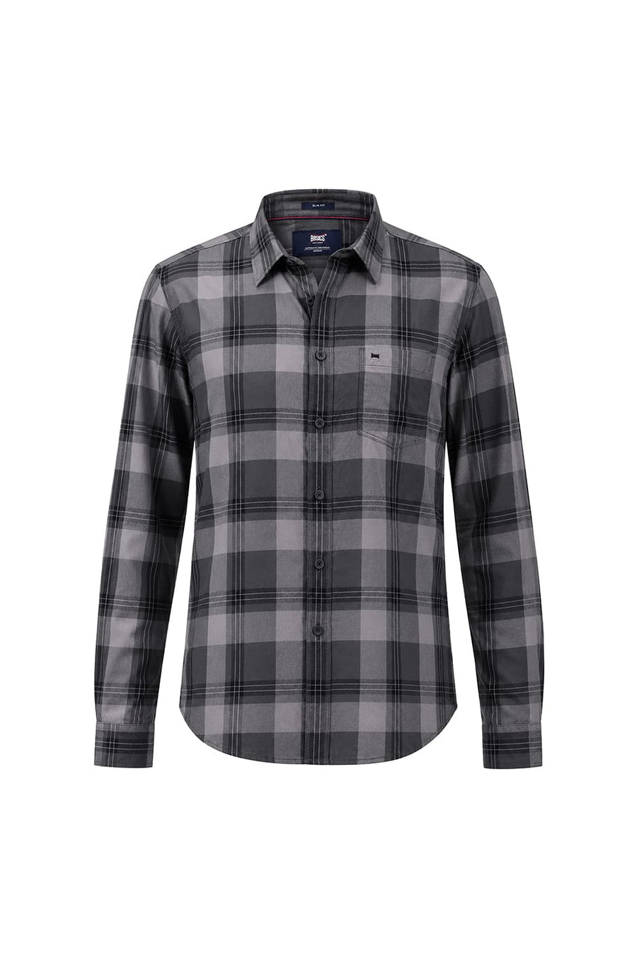 BASICS SLIM FIT STONE GREY COTTON TWILL CHECKS SHIRT