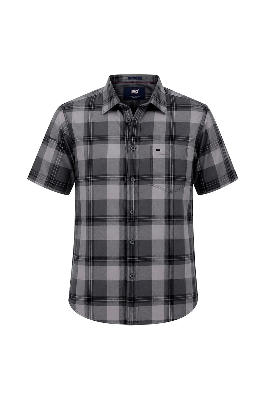 BASICS SLIM FIT STONE GREY COTTON TWILL CHECKS HALFSLEEVES SHIRT
