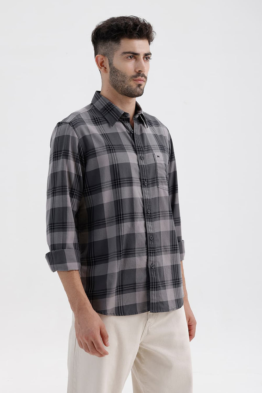 BASICS SLIM FIT STONE GREY COTTON TWILL CHECKS SHIRT