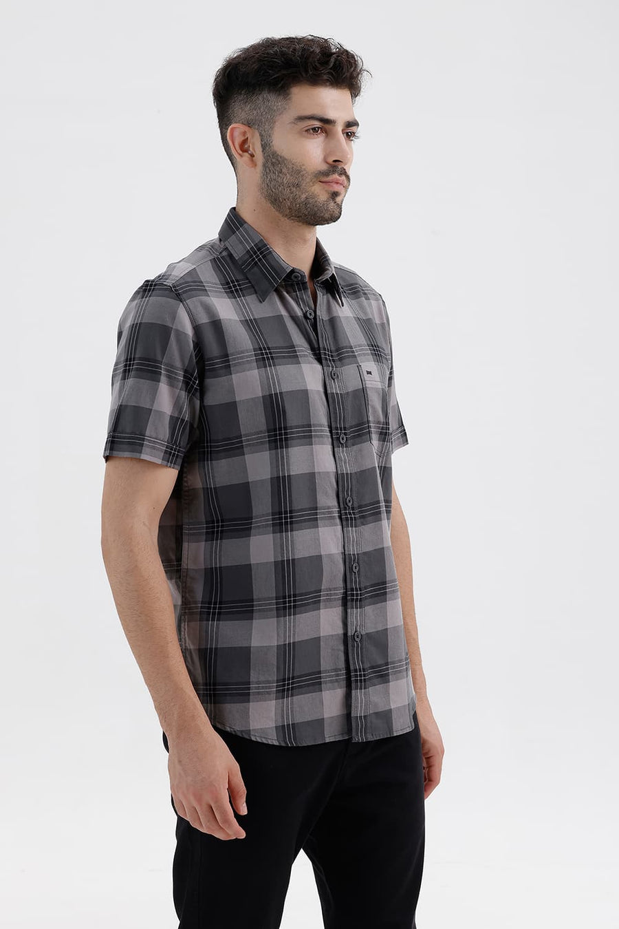 BASICS SLIM FIT STONE GREY COTTON TWILL CHECKS HALFSLEEVES SHIRT