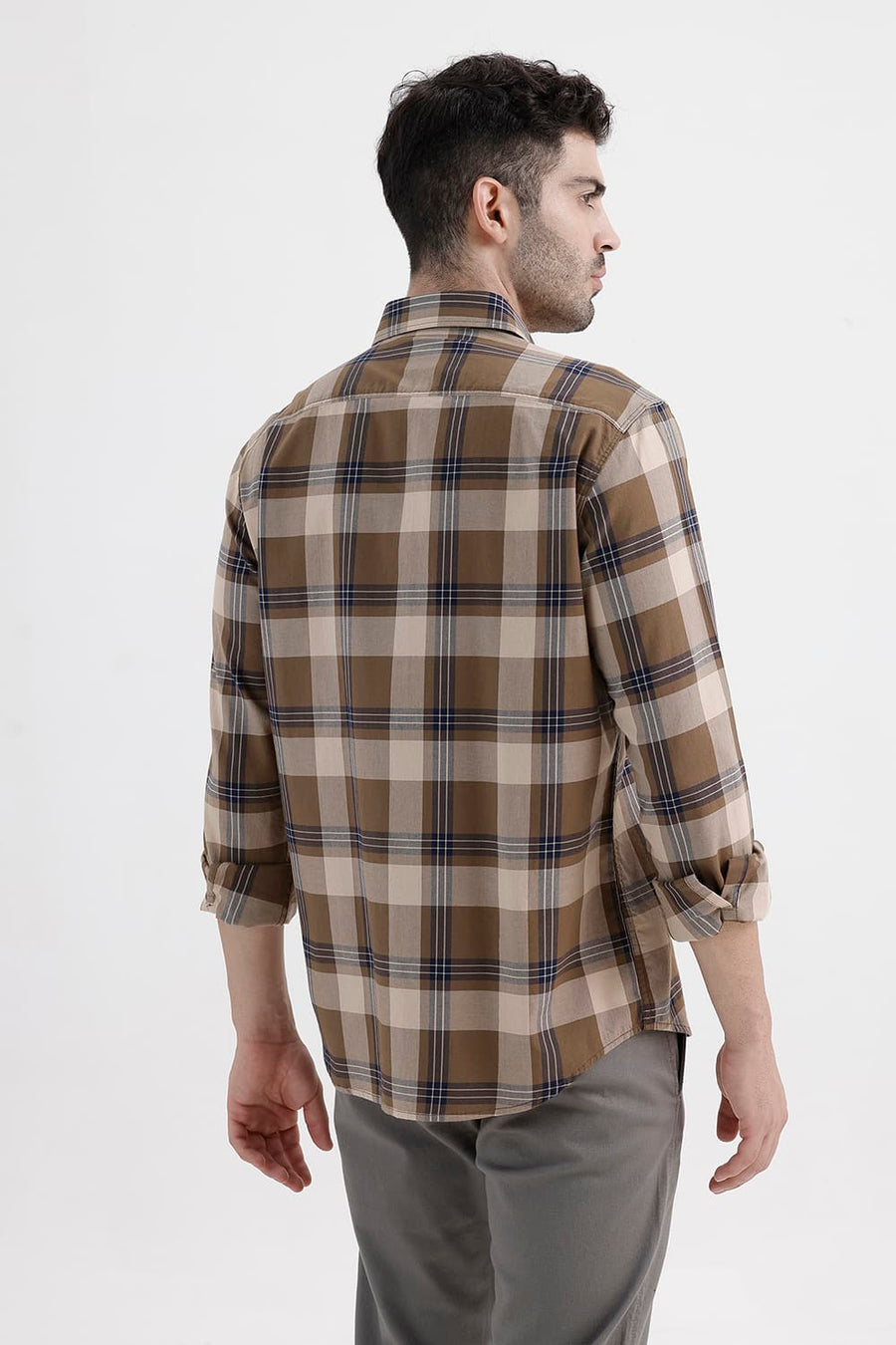 BASICS SLIM FIT KHAKI SAND COTTON TWILL CHECKS SHIRT