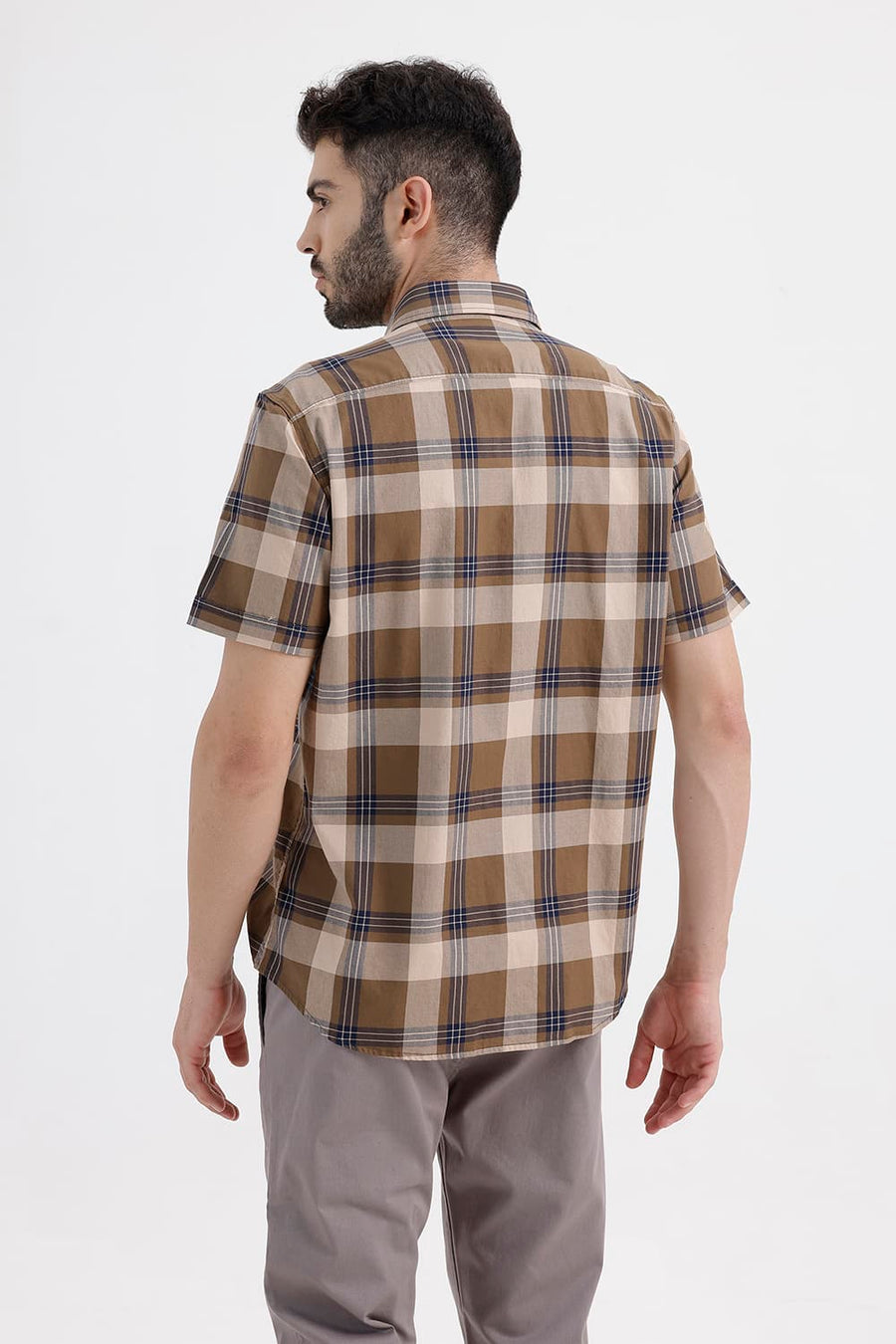 BASICS SLIM FIT KHAKI SAND COTTON TWILL CHECKS HALFSLEEVES SHIRT