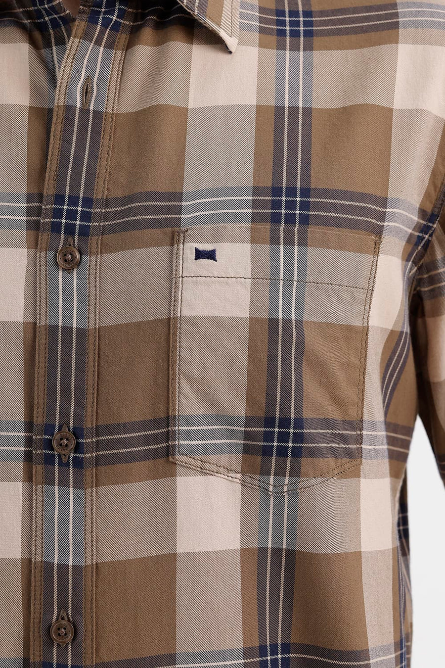 BASICS SLIM FIT KHAKI SAND COTTON TWILL CHECKS SHIRT
