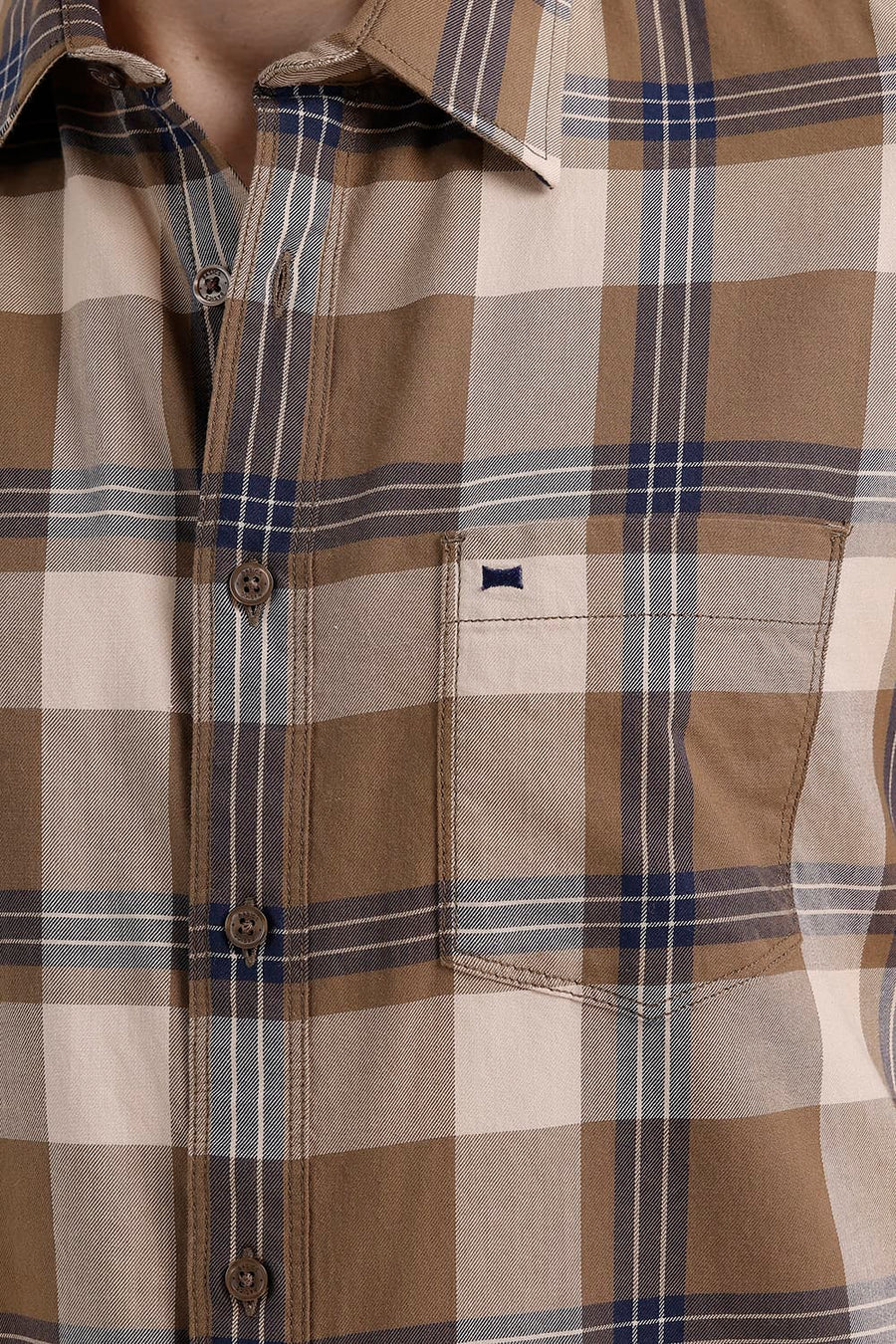 BASICS SLIM FIT KHAKI SAND COTTON TWILL CHECKS HALFSLEEVES SHIRT