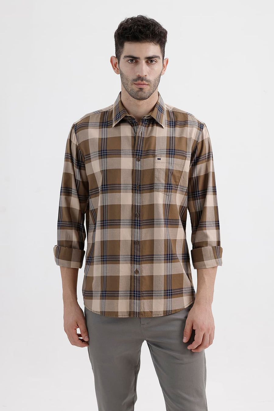 BASICS SLIM FIT KHAKI SAND COTTON TWILL CHECKS SHIRT