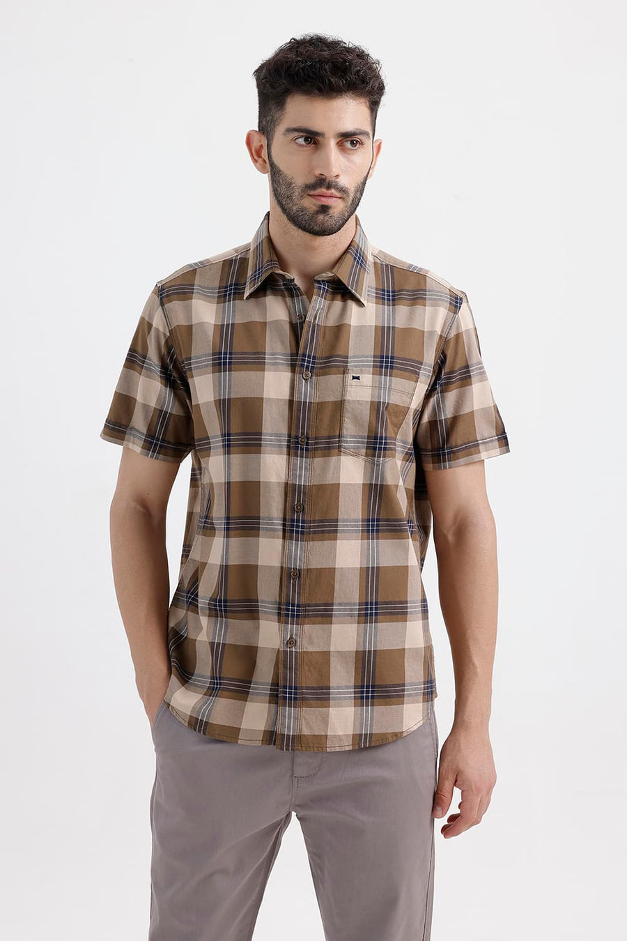 BASICS SLIM FIT KHAKI SAND COTTON TWILL CHECKS HALFSLEEVES SHIRT