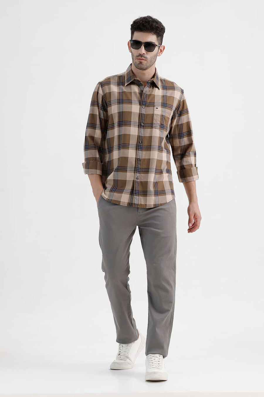 BASICS SLIM FIT KHAKI SAND COTTON TWILL CHECKS SHIRT