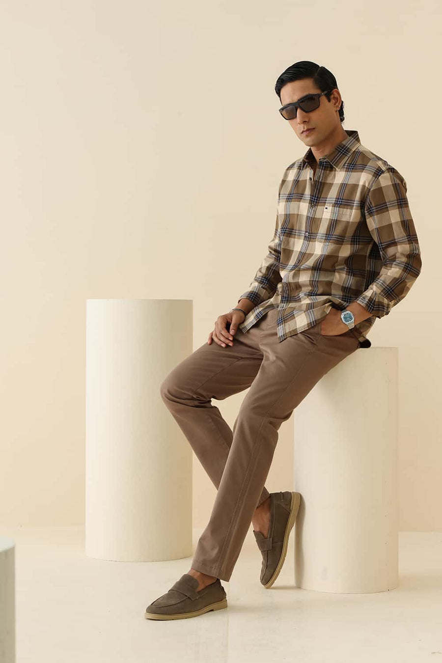 Basics Slim Fit Khaki Sand Cotton Twill Checks Shirt