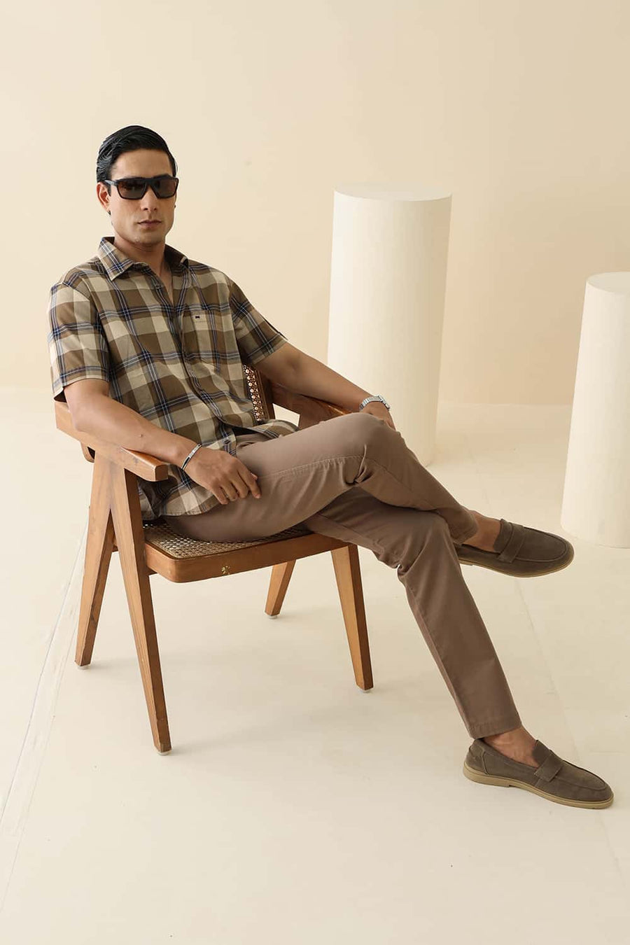 Basics Slim Fit Khaki Sand Cotton Twill Checks Halfsleeves Shirt