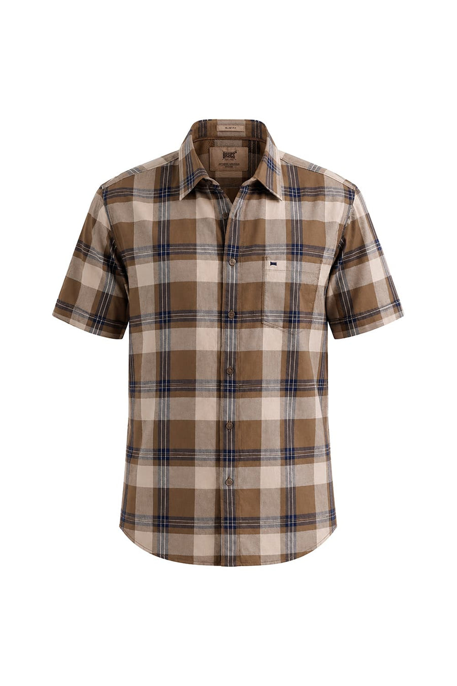 BASICS SLIM FIT KHAKI SAND COTTON TWILL CHECKS HALFSLEEVES SHIRT