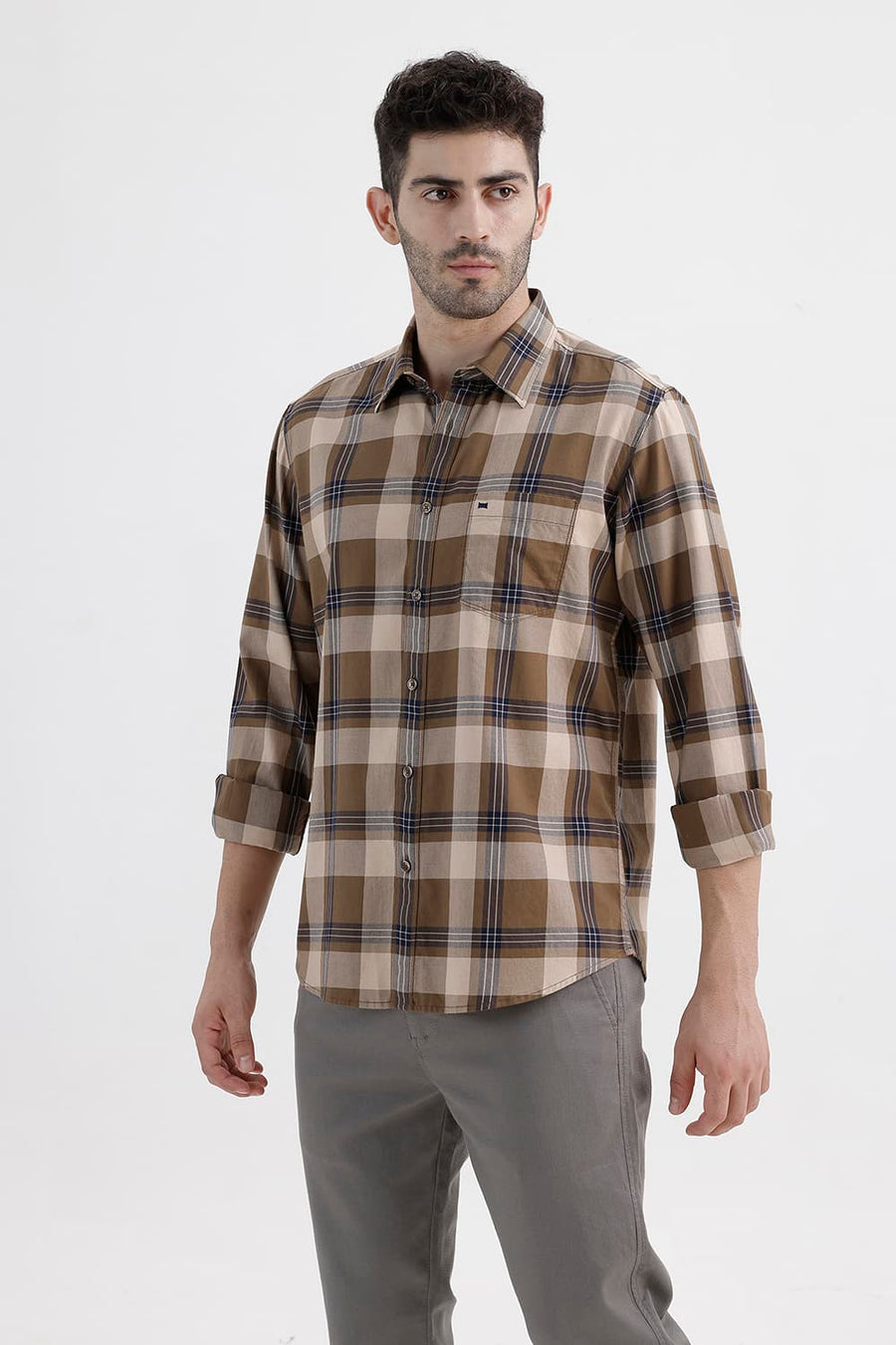 BASICS SLIM FIT KHAKI SAND COTTON TWILL CHECKS SHIRT