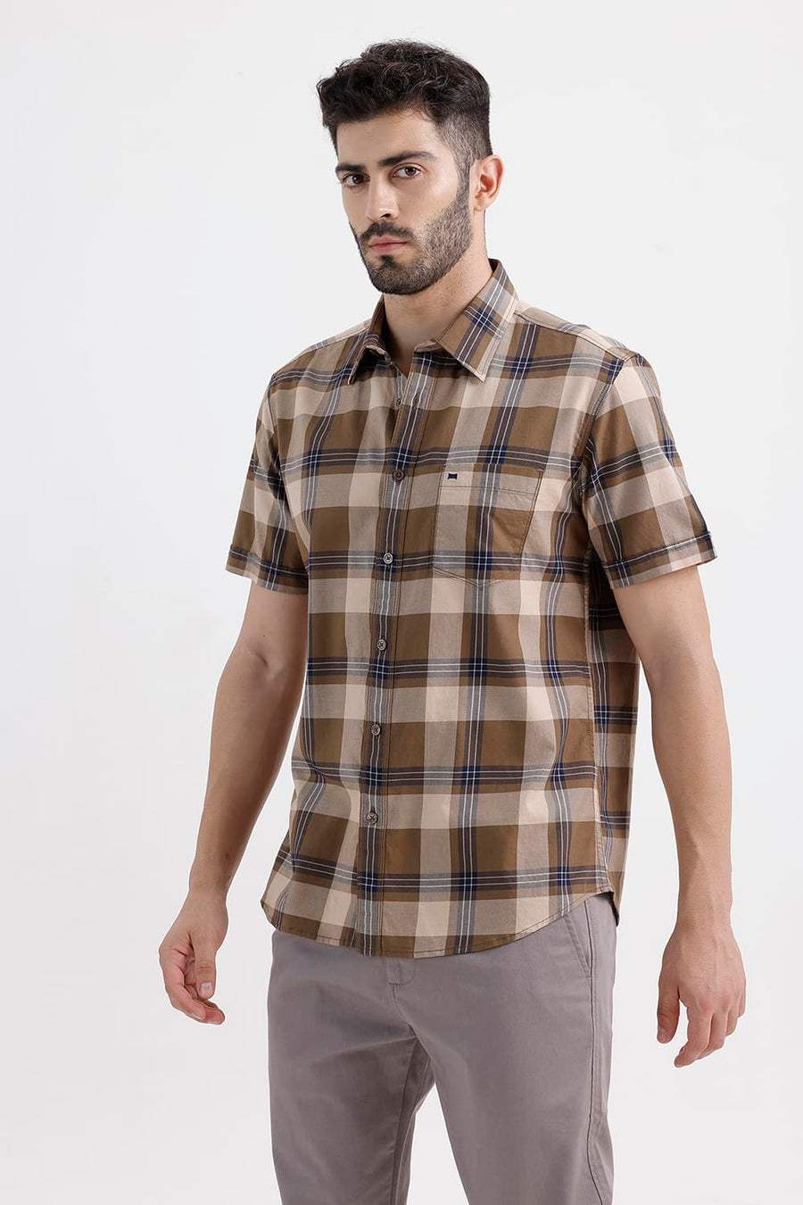 BASICS SLIM FIT KHAKI SAND COTTON TWILL CHECKS HALFSLEEVES SHIRT