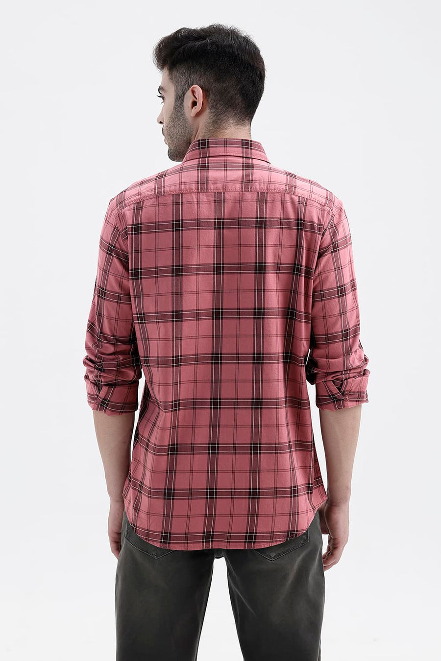 BASICS SLIM FIT MESA RED COTTON TWILL CHECKS SHIRT