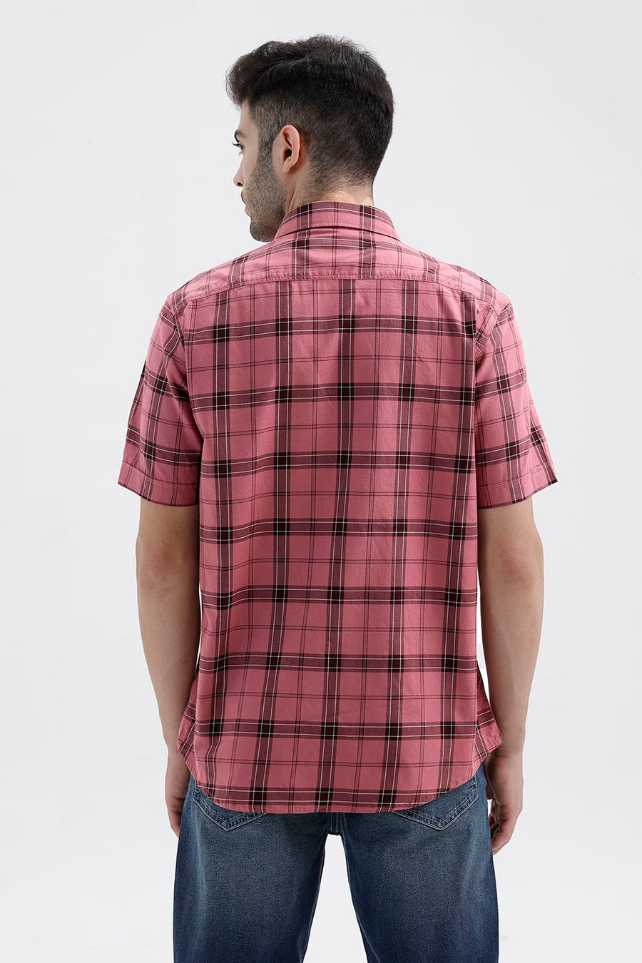 BASICS SLIM FIT MESA RED COTTON TWILL CHECKS HALFSLEEVES SHIRT
