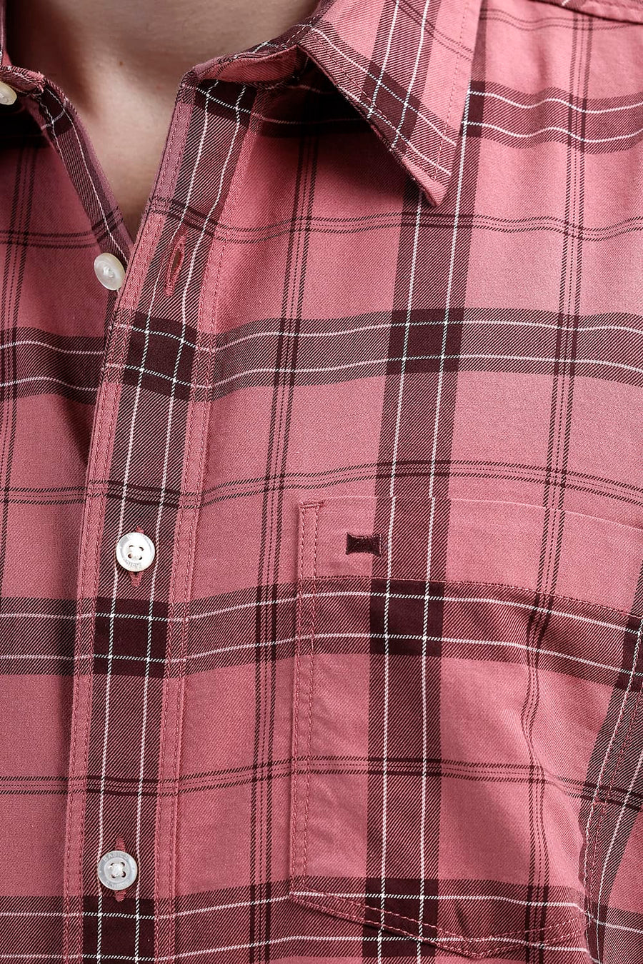 BASICS SLIM FIT MESA RED COTTON TWILL CHECKS SHIRT