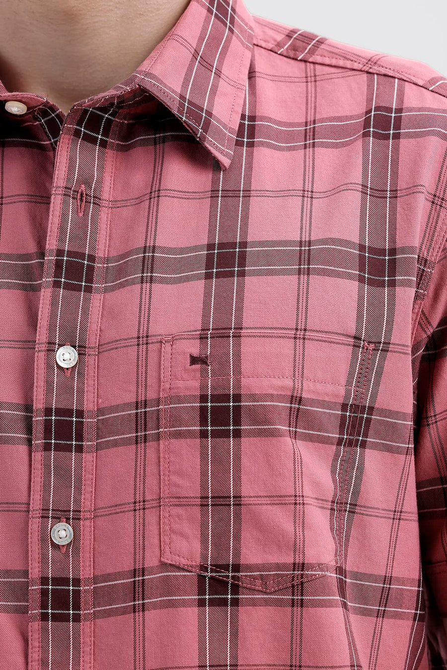 BASICS SLIM FIT MESA RED COTTON TWILL CHECKS HALFSLEEVES SHIRT