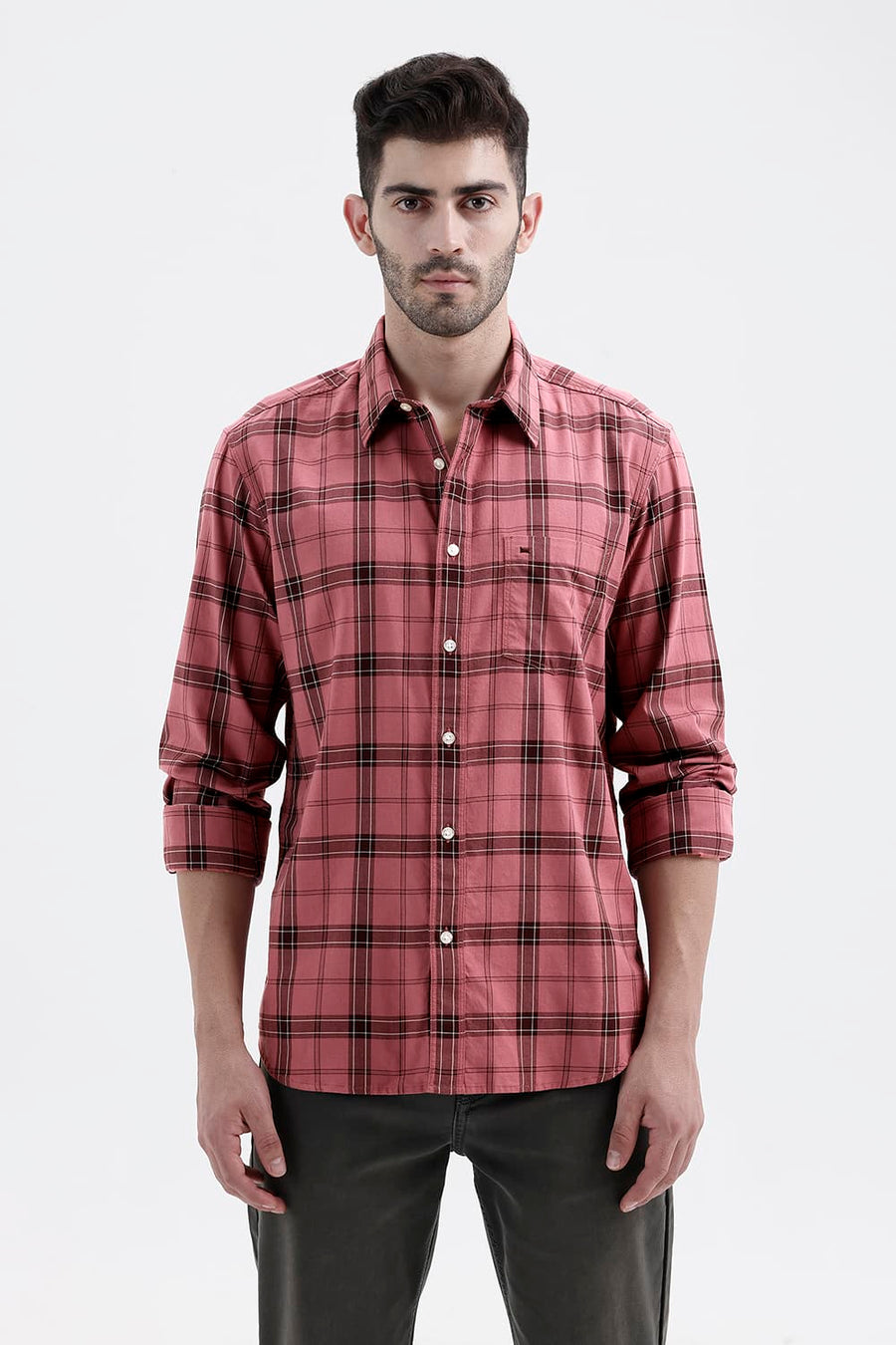 BASICS SLIM FIT MESA RED COTTON TWILL CHECKS SHIRT