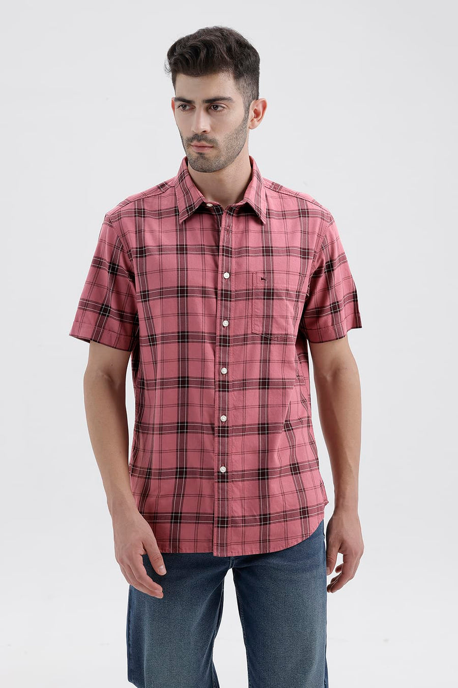 BASICS SLIM FIT MESA RED COTTON TWILL CHECKS HALFSLEEVES SHIRT