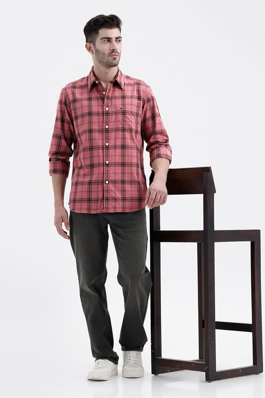 BASICS SLIM FIT MESA RED COTTON TWILL CHECKS SHIRT