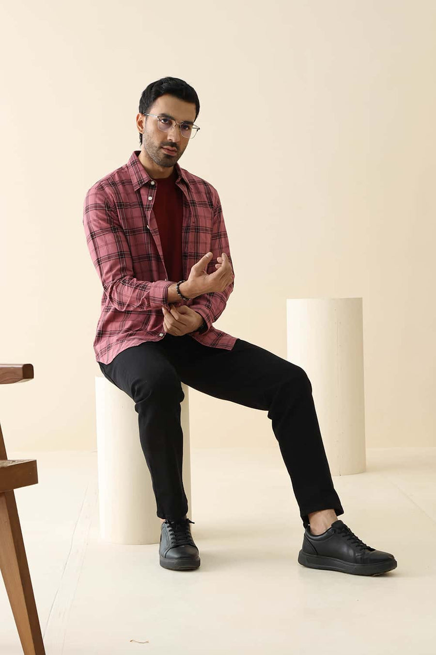Basics Slim Fit Mesa Red Cotton Twill Checks Shirt