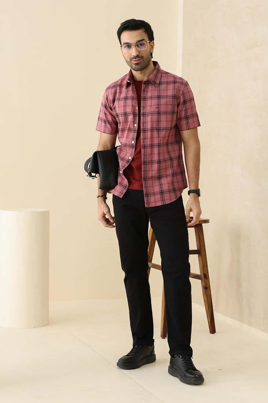 Basics Slim Fit Mesa Red Cotton Twill Checks Halfsleeves Shirt