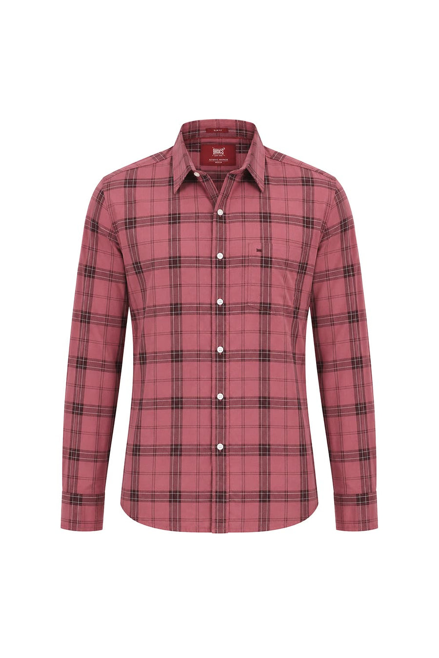 BASICS SLIM FIT MESA RED COTTON TWILL CHECKS SHIRT