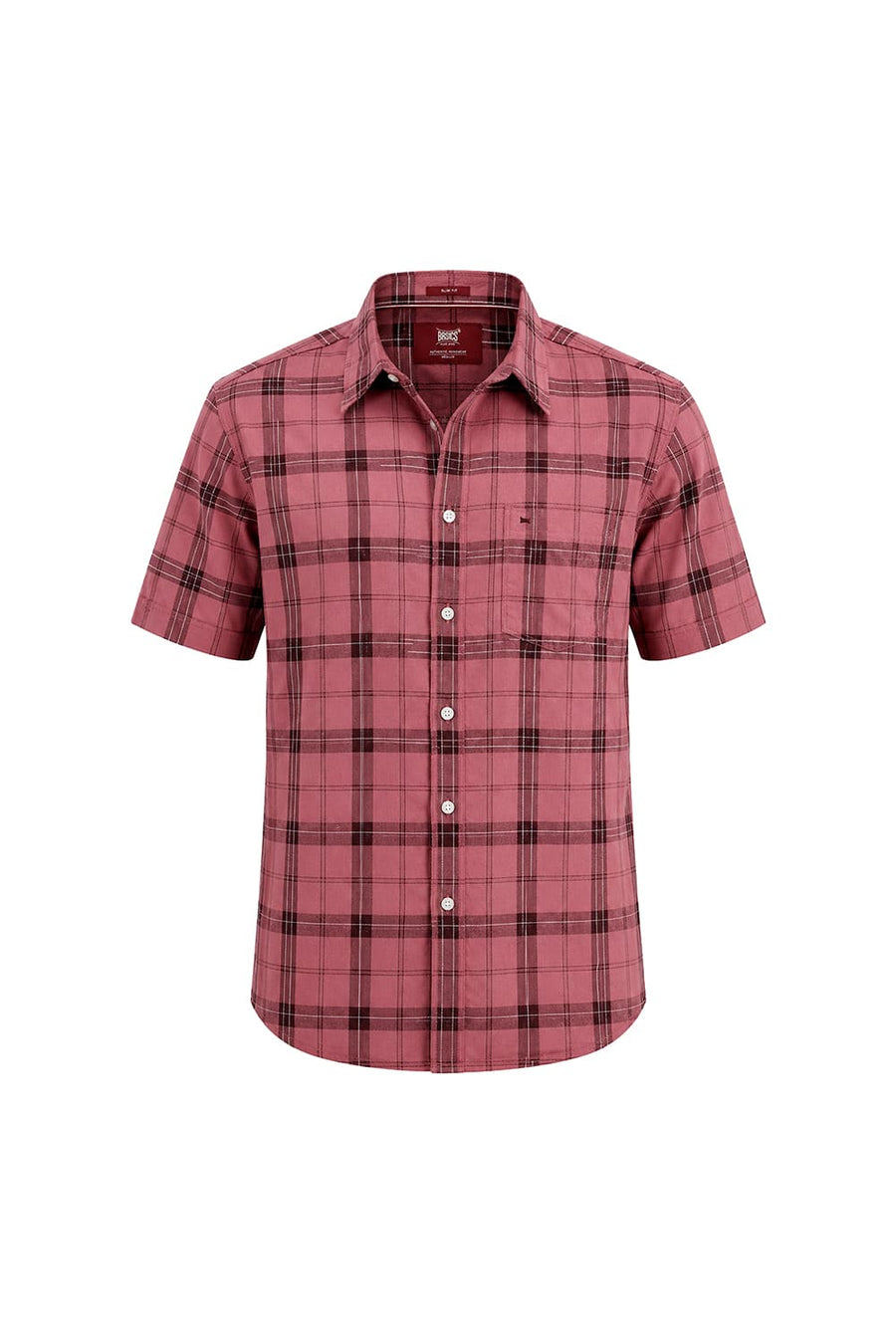 BASICS SLIM FIT MESA RED COTTON TWILL CHECKS HALFSLEEVES SHIRT