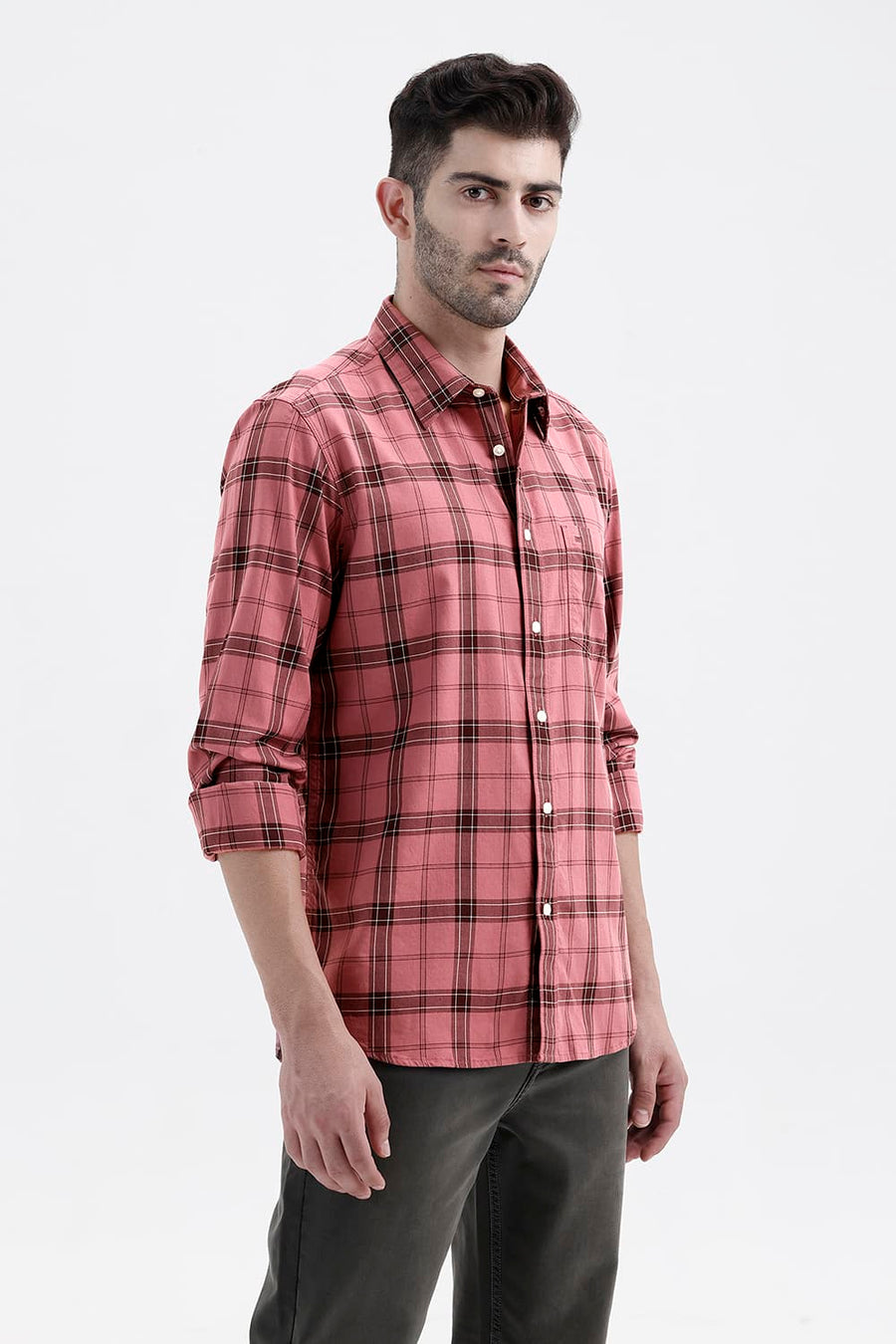 BASICS SLIM FIT MESA RED COTTON TWILL CHECKS SHIRT
