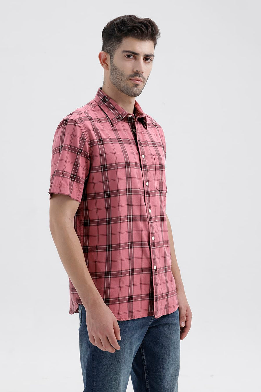BASICS SLIM FIT MESA RED COTTON TWILL CHECKS HALFSLEEVES SHIRT