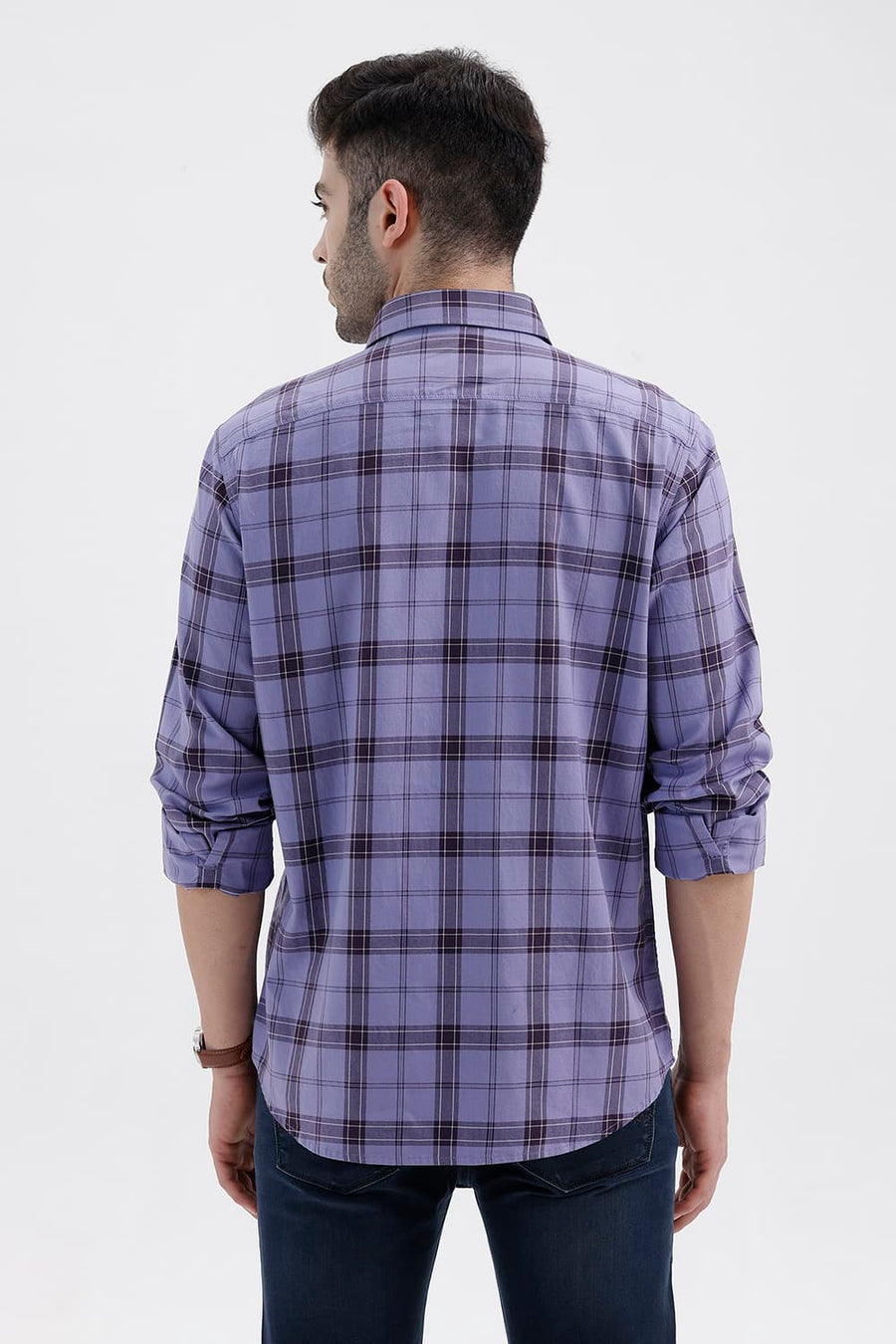 BASICS SLIM FIT DUSK PURPLE COTTON TWILL CHECKS SHIRT