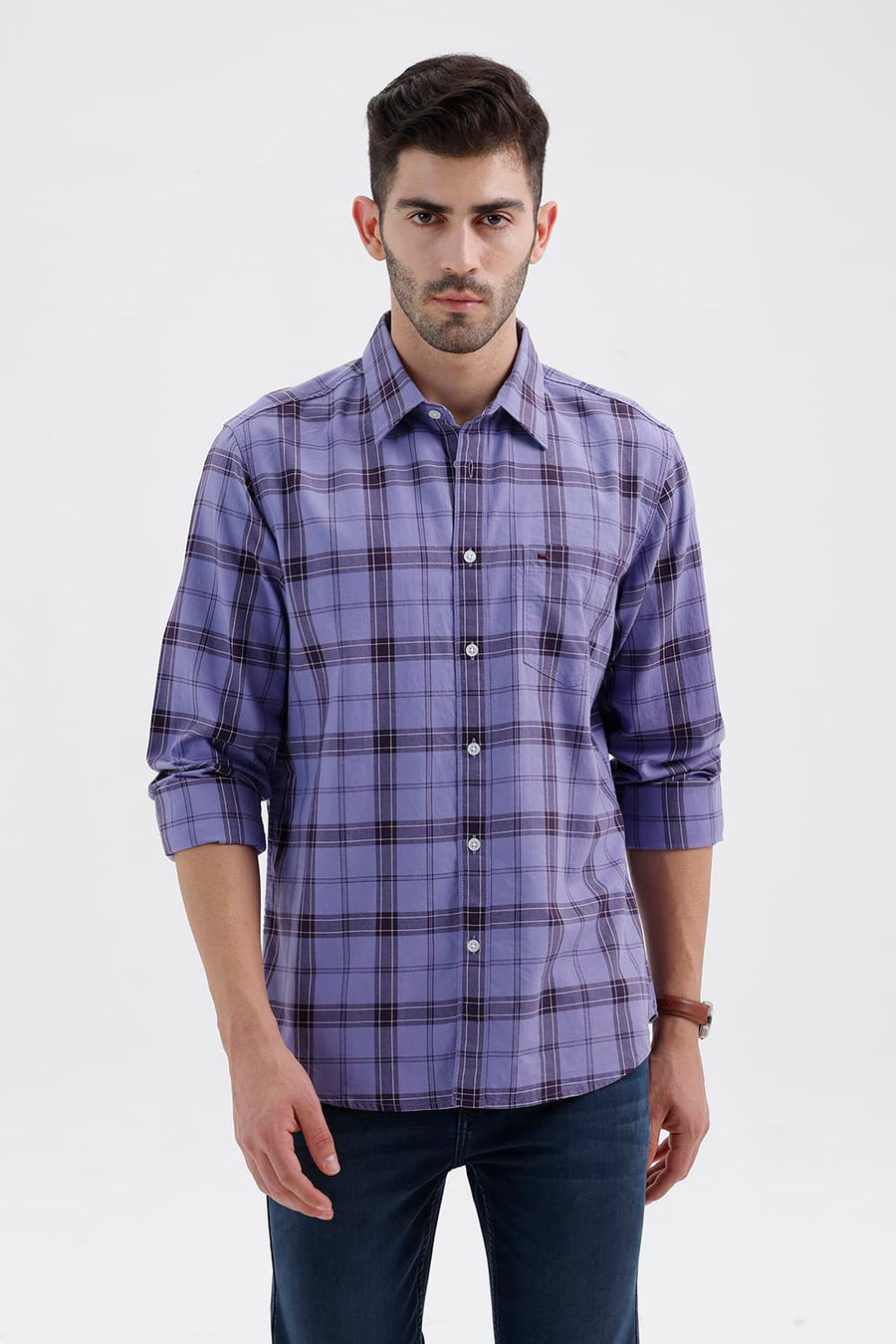 BASICS SLIM FIT DUSK PURPLE COTTON TWILL CHECKS SHIRT