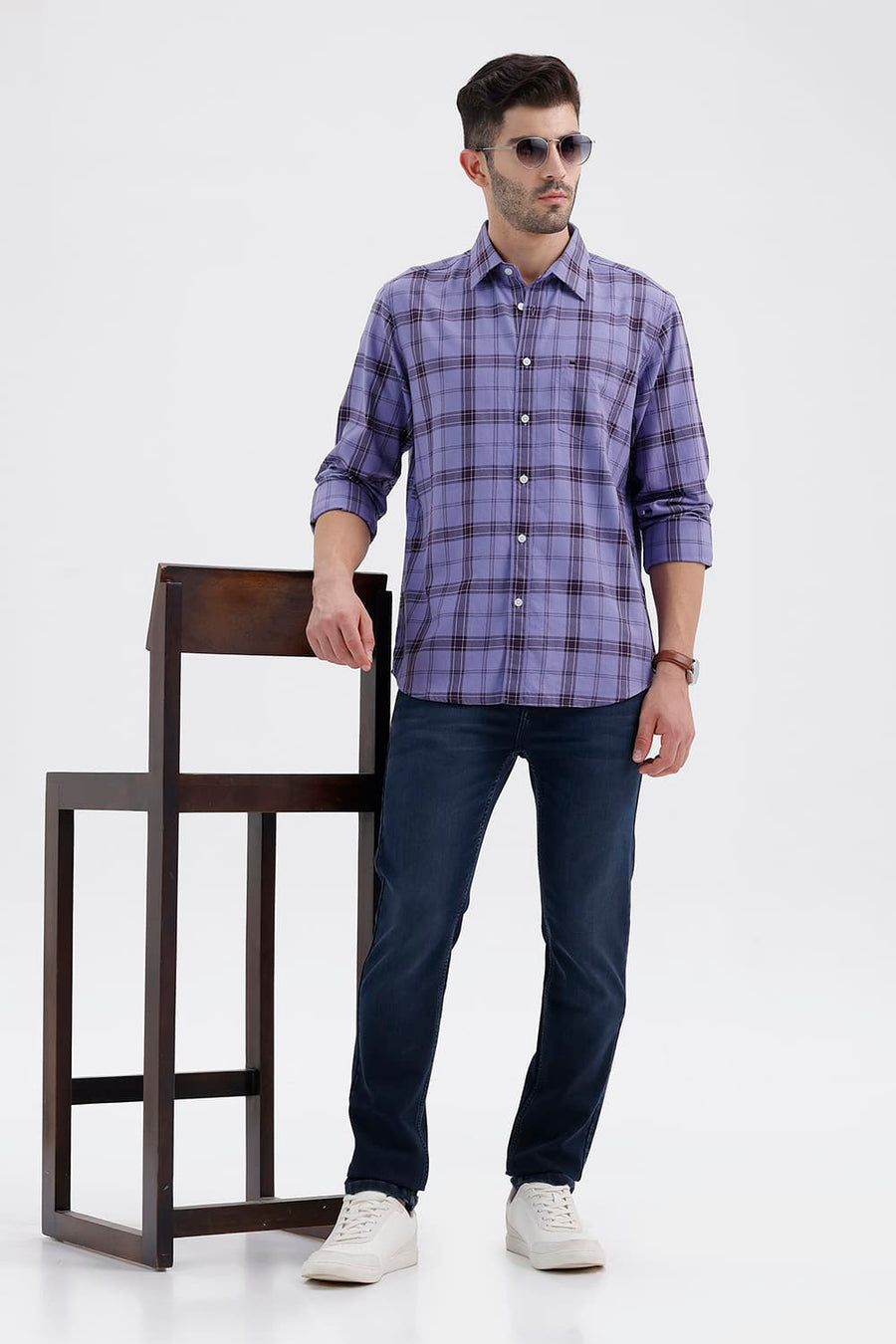 BASICS SLIM FIT DUSK PURPLE COTTON TWILL CHECKS SHIRT