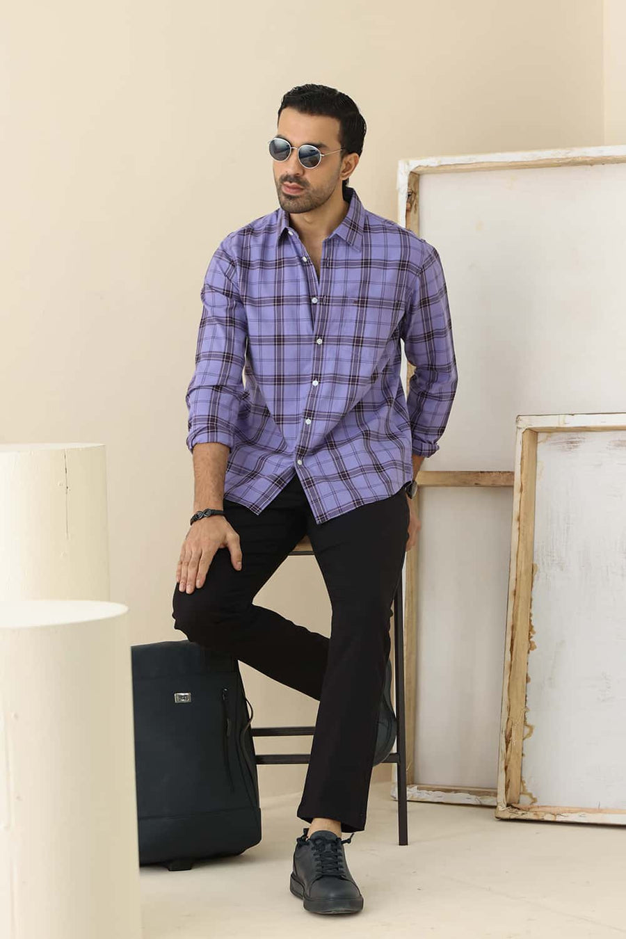 Basics Slim Fit Dusk Purple Cotton Twill Checks Shirt