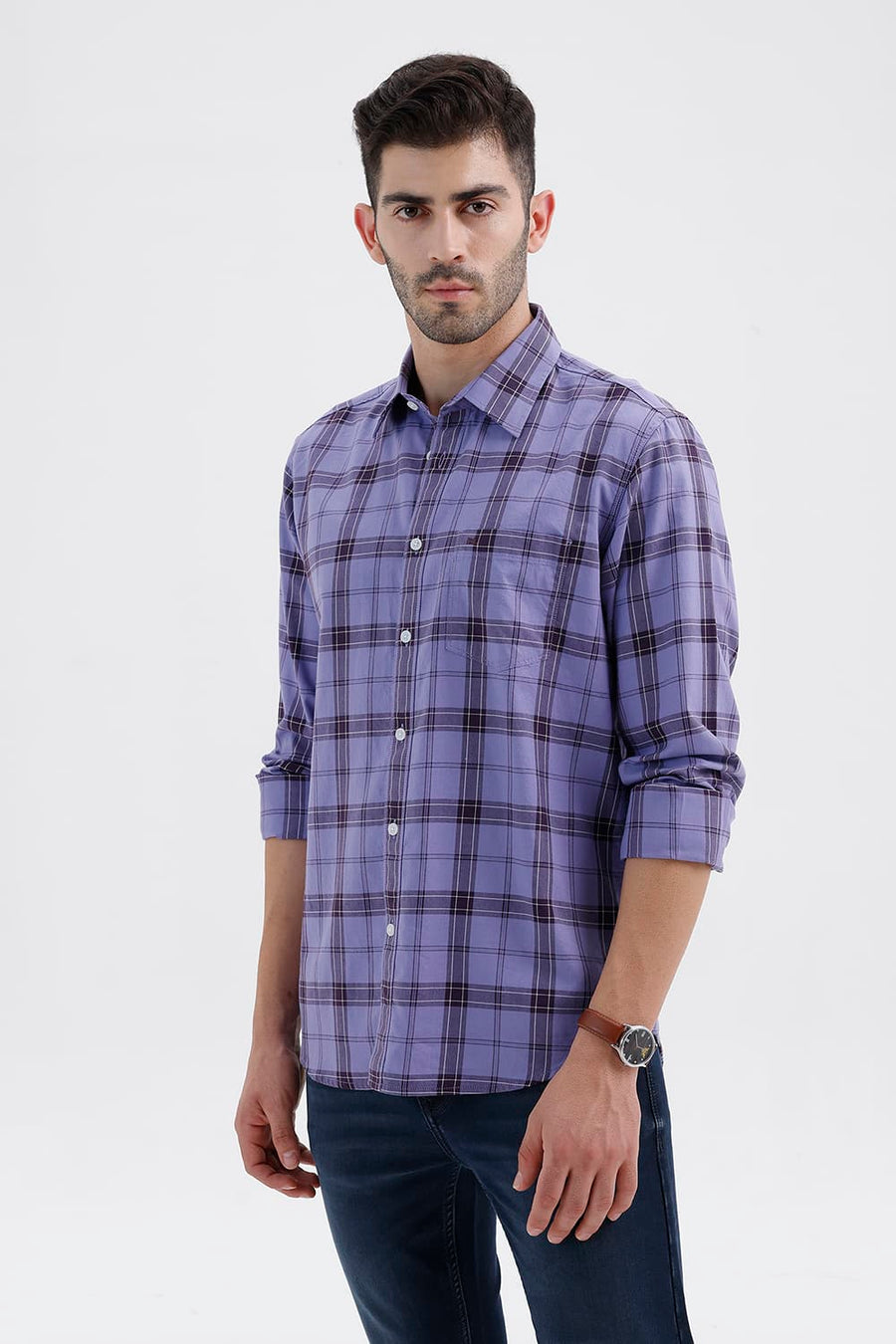 BASICS SLIM FIT DUSK PURPLE COTTON TWILL CHECKS SHIRT