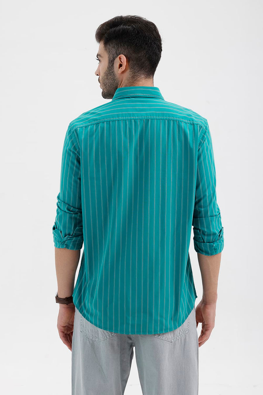 BASICS SLIM FIT HARBOR GREEN COTTON STRIPE SHIRT