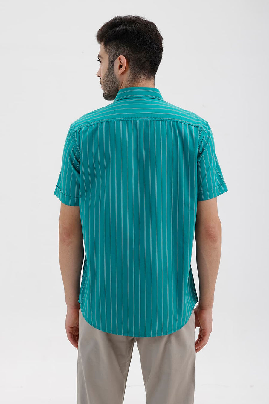 BASICS SLIM FIT HARBOR GREEN COTTON STRIPE HALFSLEEVES SHIRT