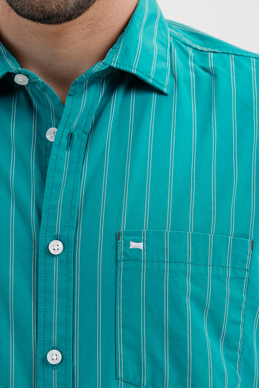 BASICS SLIM FIT HARBOR GREEN COTTON STRIPE SHIRT